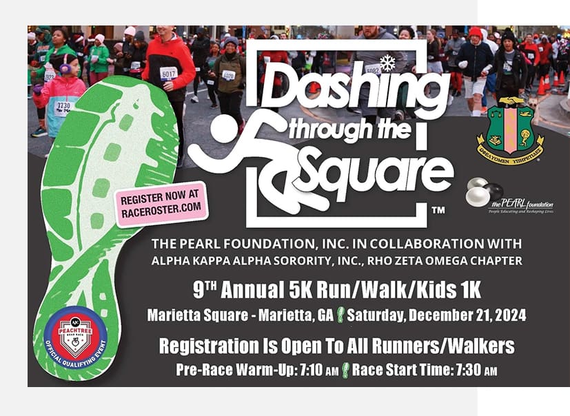 A poster advertising the 9 th annual doshing through the square 5 k run / walk.