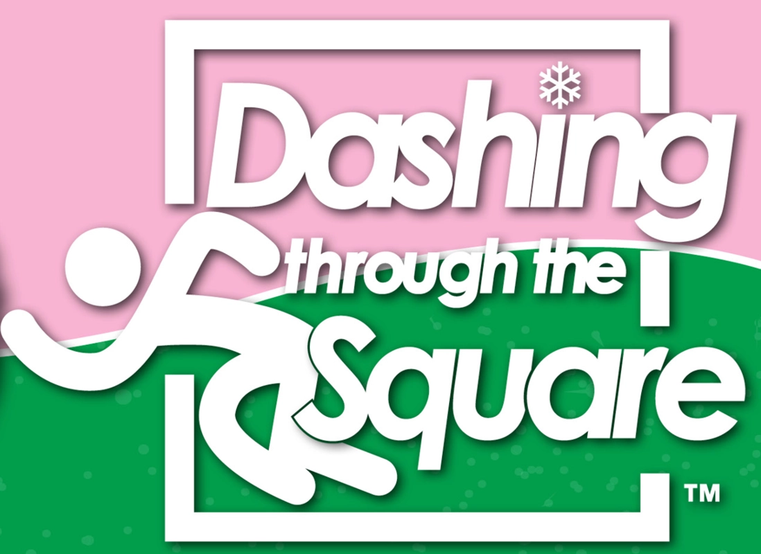 A pink and green background with the words " dashing through the squares ".